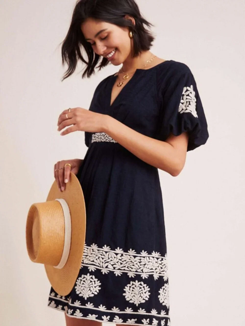Anthropologie Provence Embroidered Puff Sleeve Mini Dress - Picture 1 of 10